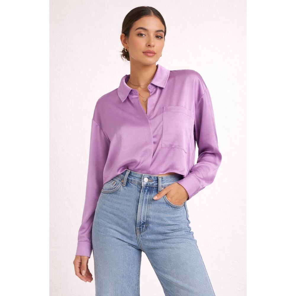House of Harlow 1960 Lilac Satin Cropped Shirt | Soft Luxe Minimalist Aesthetic